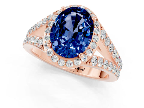 Rose gold Oval Cut Blue Sapphire Split Shank Halo Ring with Four-Prong Setting_13