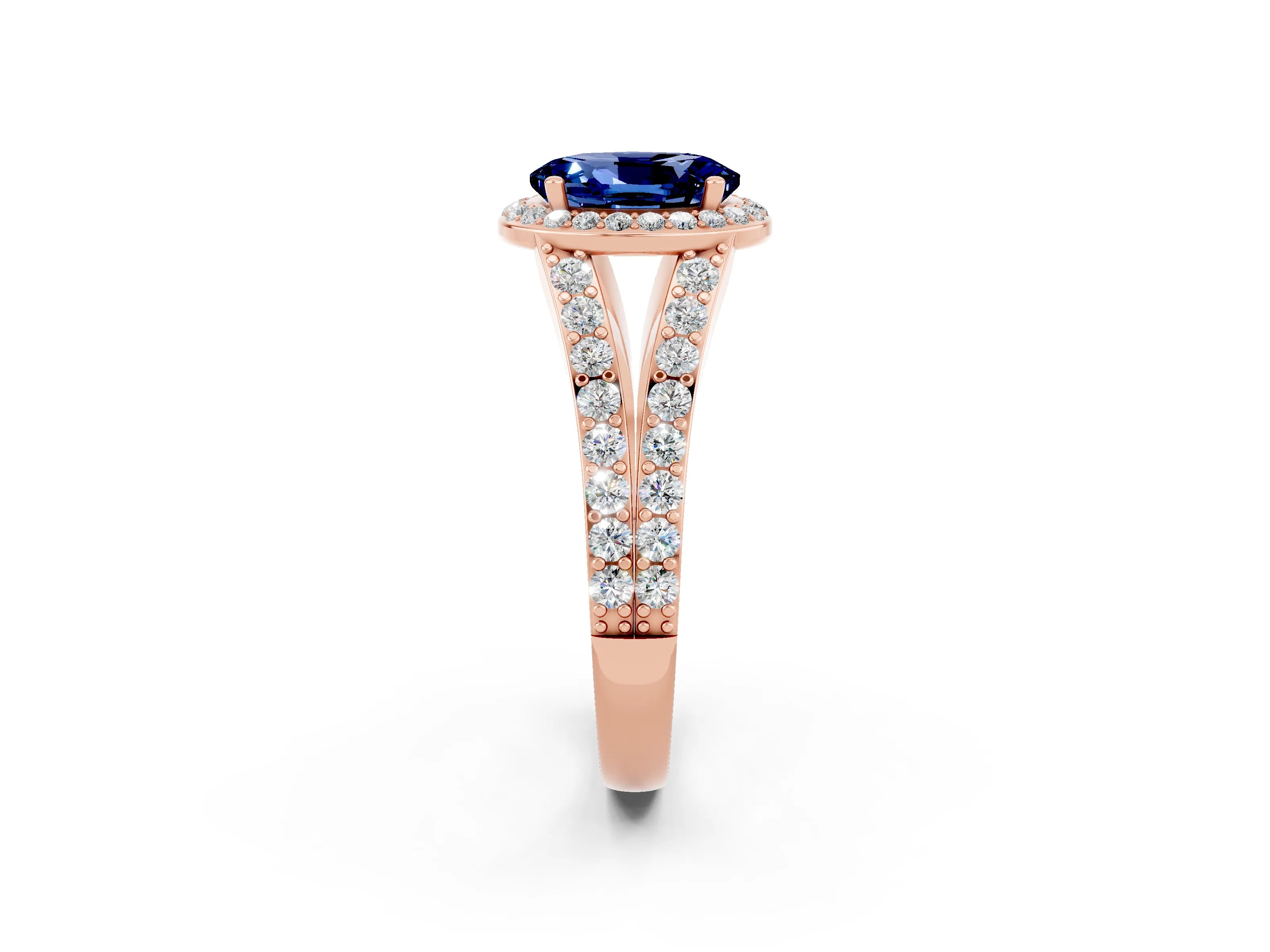 Rose gold Oval Cut Blue Sapphire Split Shank Halo Ring with Four-Prong Setting_14