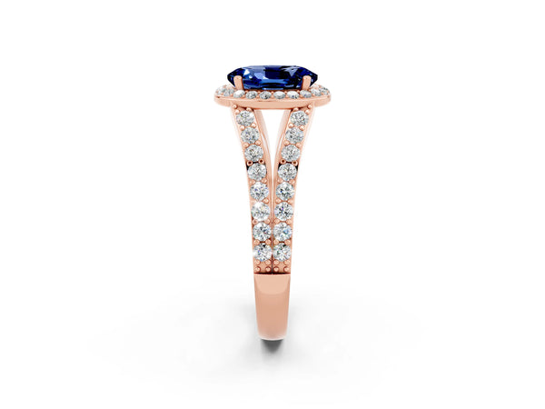 Rose gold Oval Cut Blue Sapphire Split Shank Halo Ring with Four-Prong Setting