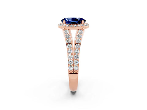 Rose gold Oval Cut Blue Sapphire Split Shank Halo Ring with Four-Prong Setting_14