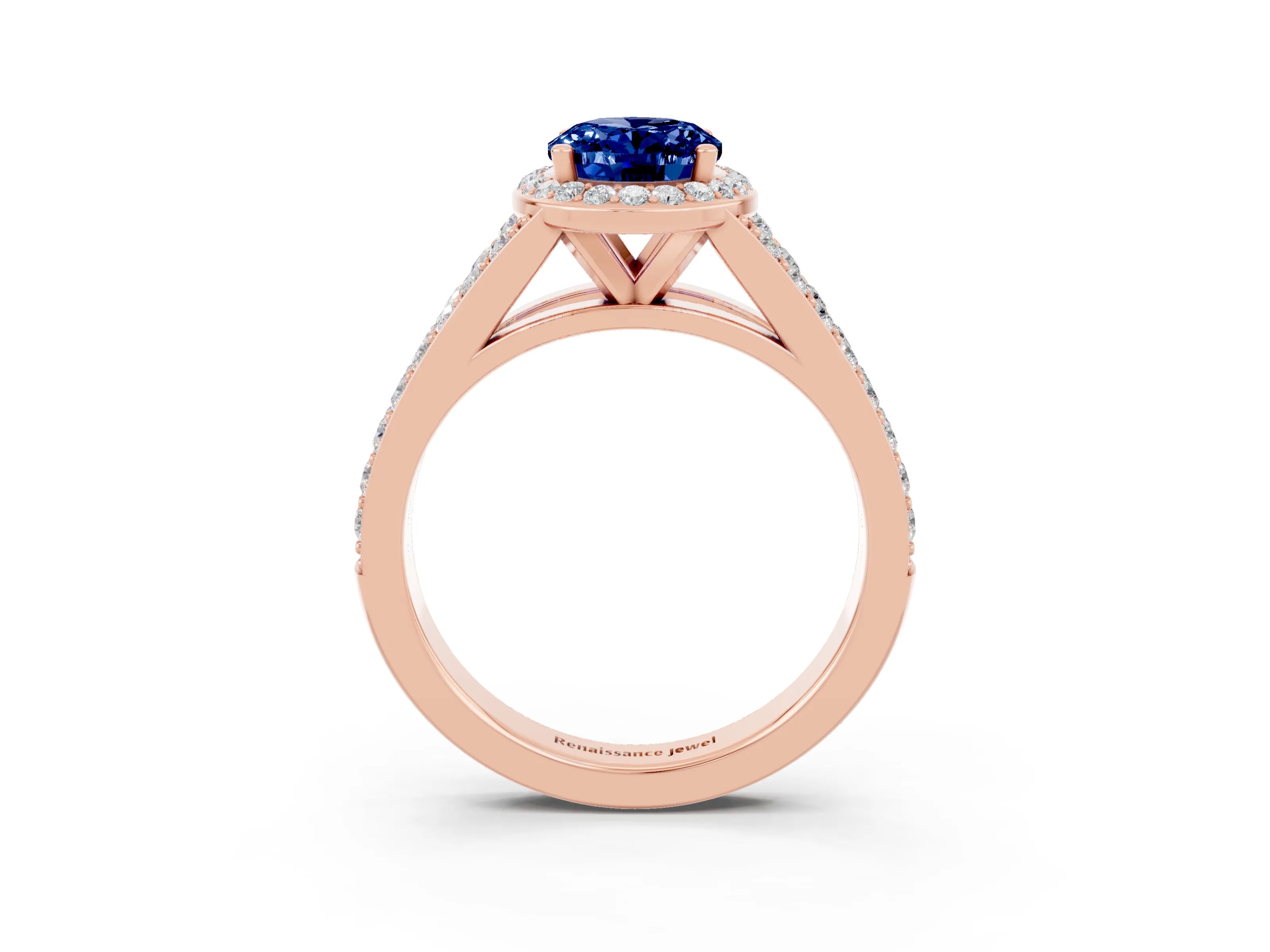 Rose gold Oval Cut Blue Sapphire Split Shank Halo Ring with Four-Prong Setting_15