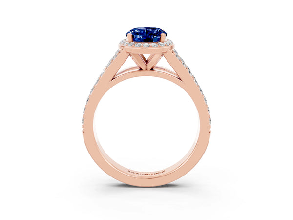 Rose gold Oval Cut Blue Sapphire Split Shank Halo Ring with Four-Prong Setting