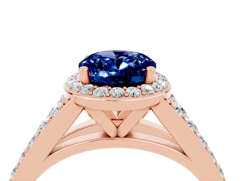 Rose gold Oval Cut Blue Sapphire Split Shank Halo Ring with Four-Prong Setting_16