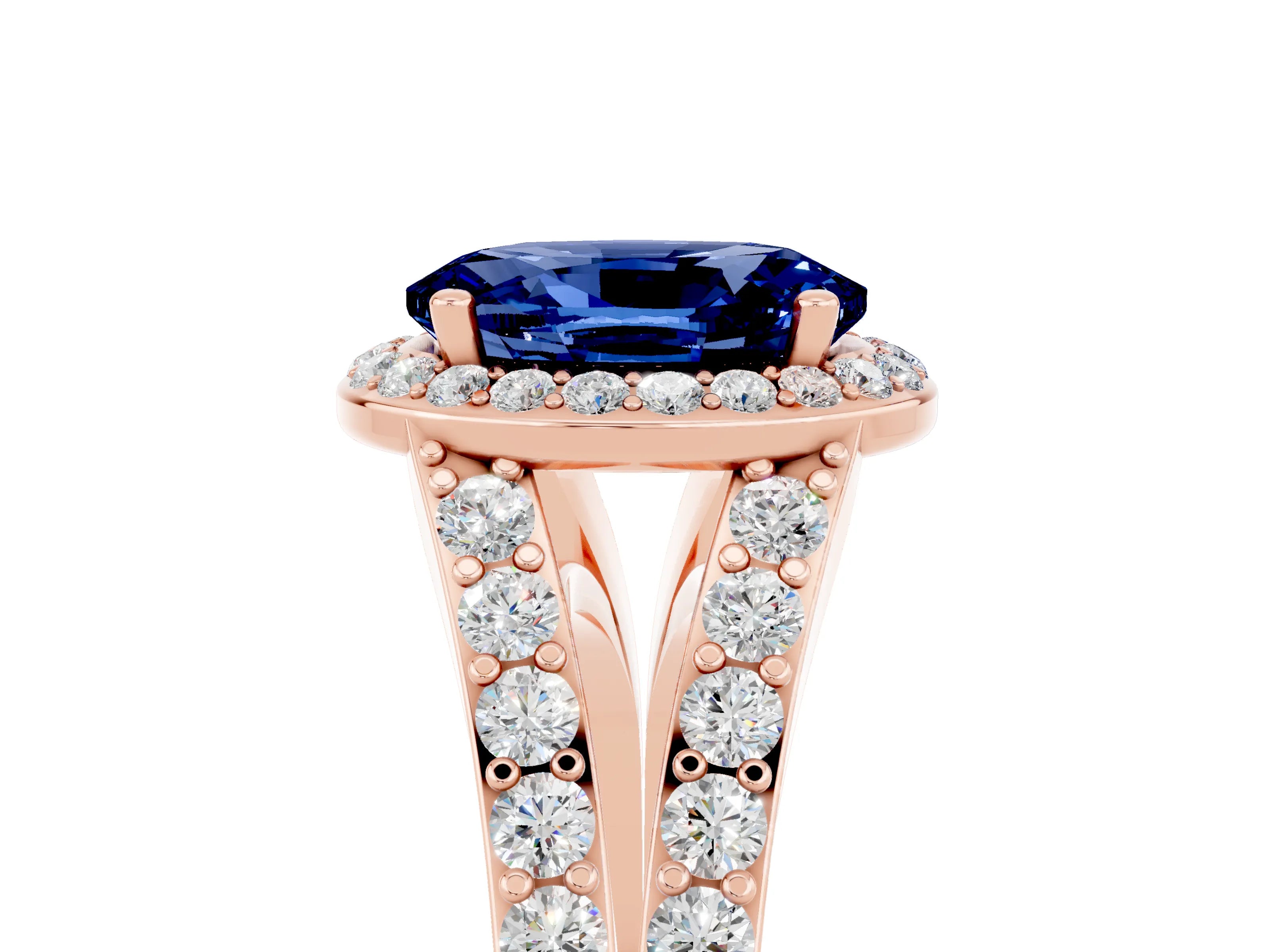 Rose gold Oval Cut Blue Sapphire Split Shank Halo Ring with Four-Prong Setting_17