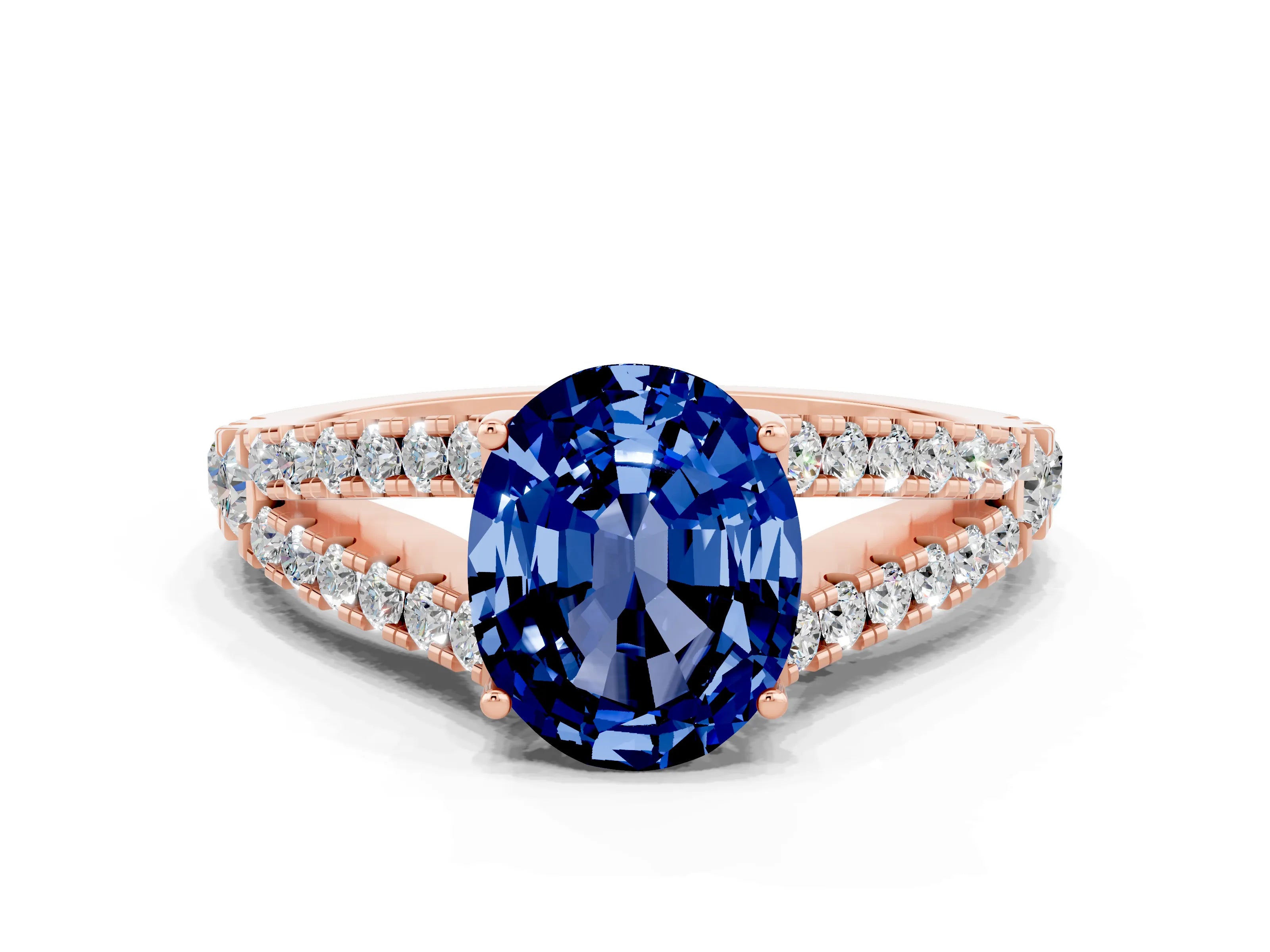 Rose gold Oval Cut Blue Sapphire Split Shank Pavé Engagement Ring with Four-Prong Setting_12