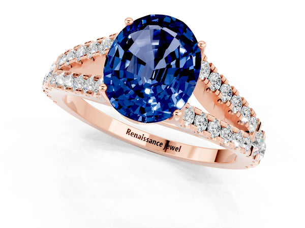 Rose gold Oval Cut Blue Sapphire Split Shank Pavé Engagement Ring with Four-Prong Setting