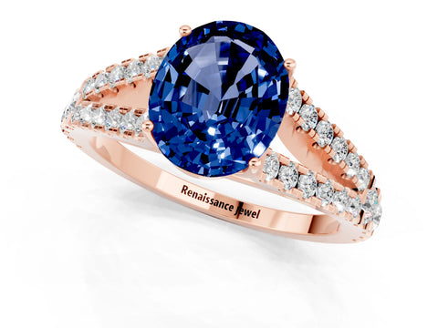 Rose gold Oval Cut Blue Sapphire Split Shank Pavé Engagement Ring with Four-Prong Setting_13