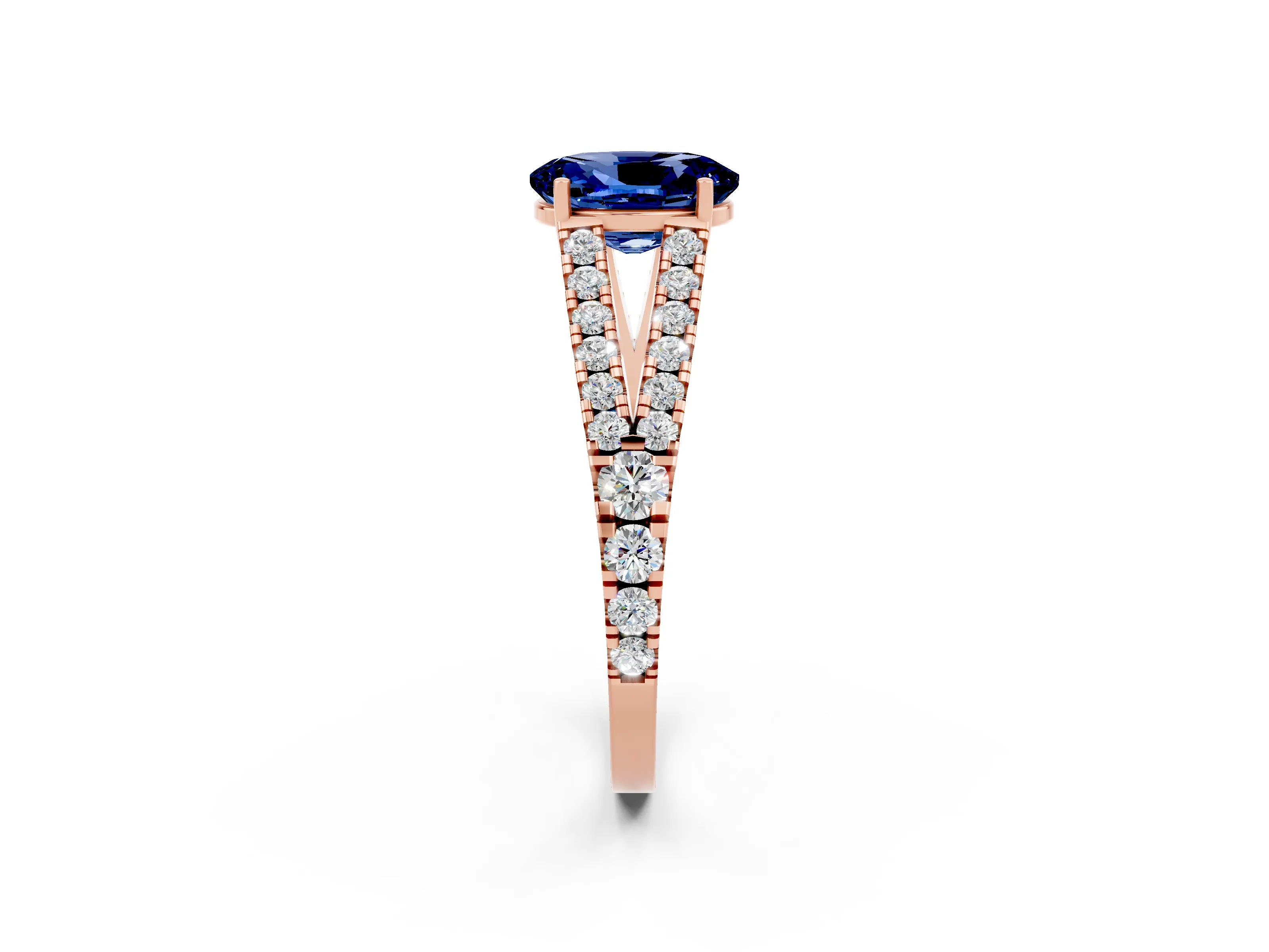 Rose gold Oval Cut Blue Sapphire Split Shank Pavé Engagement Ring with Four-Prong Setting_14
