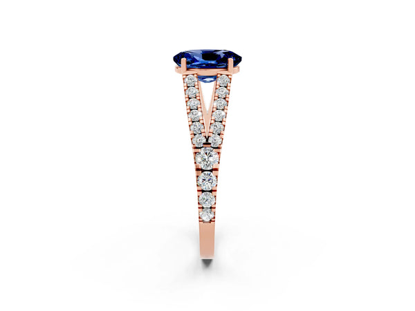 Rose gold Oval Cut Blue Sapphire Split Shank Pavé Engagement Ring with Four-Prong Setting