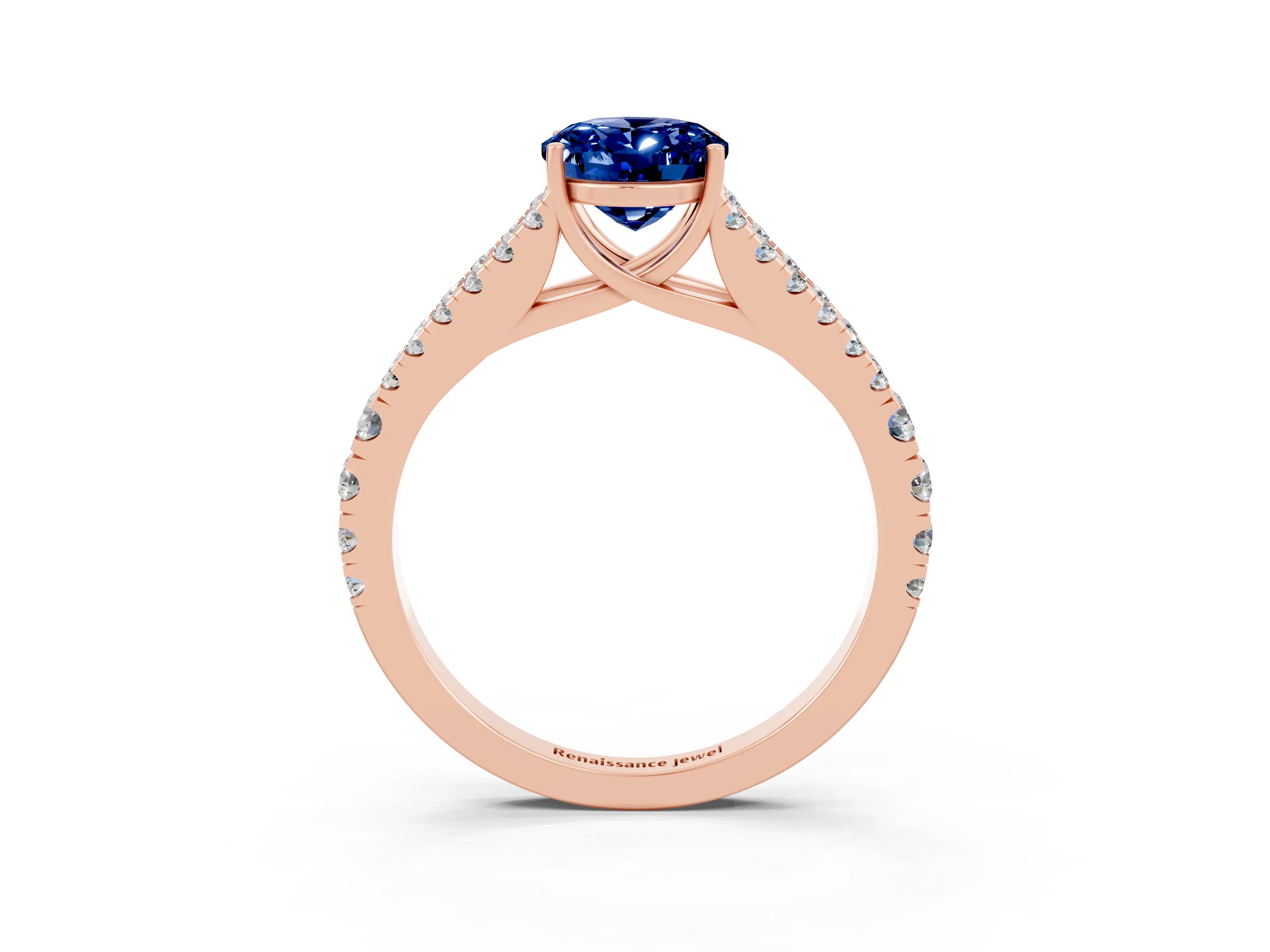 Rose gold Oval Cut Blue Sapphire Split Shank Pavé Engagement Ring with Four-Prong Setting_15
