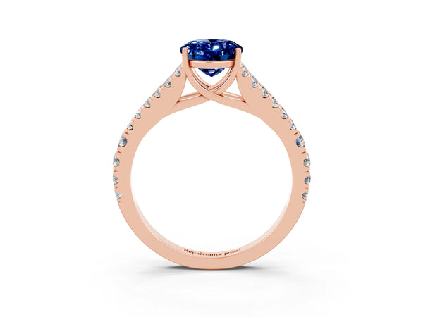 Rose gold Oval Cut Blue Sapphire Split Shank Pavé Engagement Ring with Four-Prong Setting