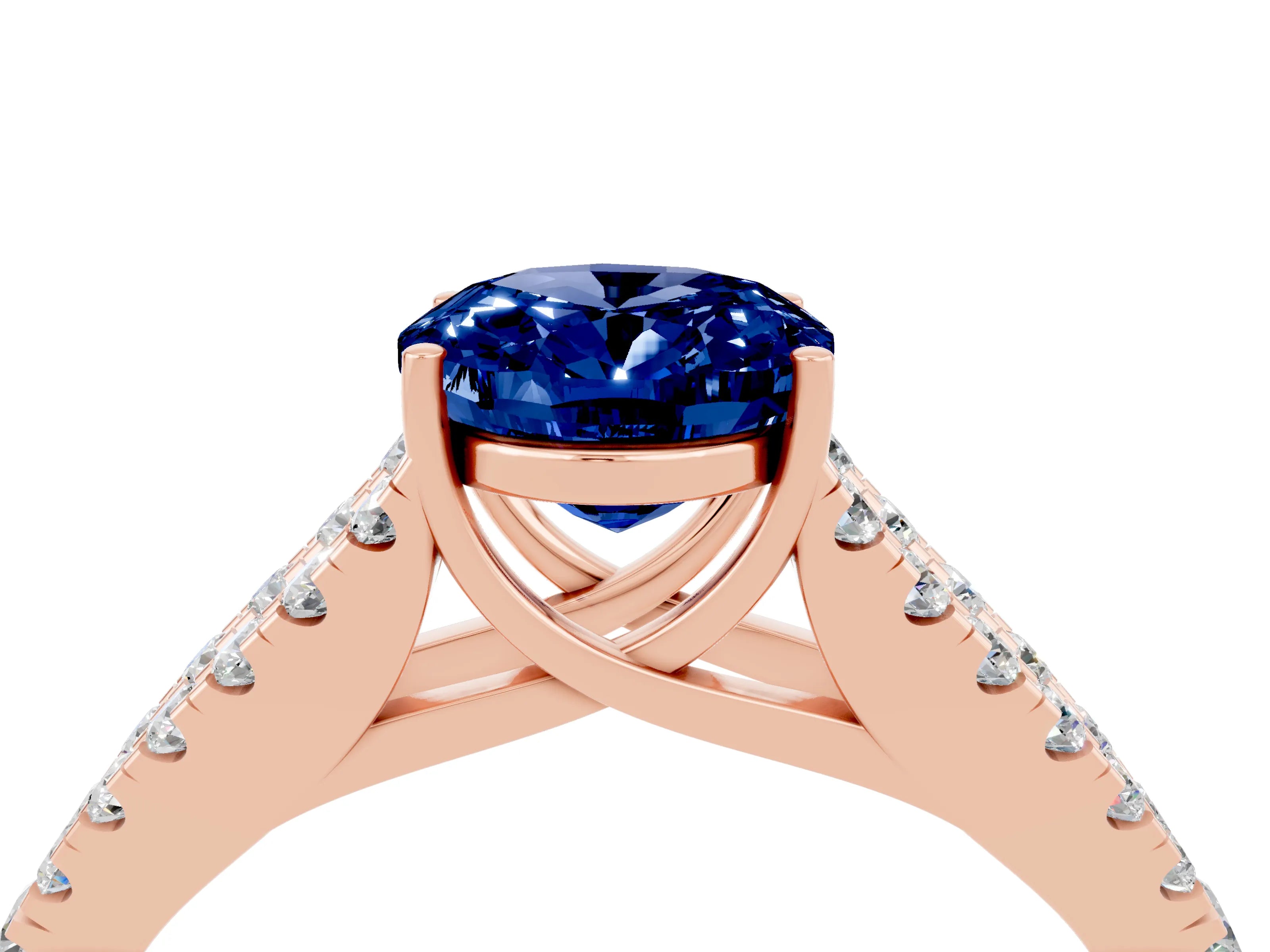 Rose gold Oval Cut Blue Sapphire Split Shank Pavé Engagement Ring with Four-Prong Setting_16