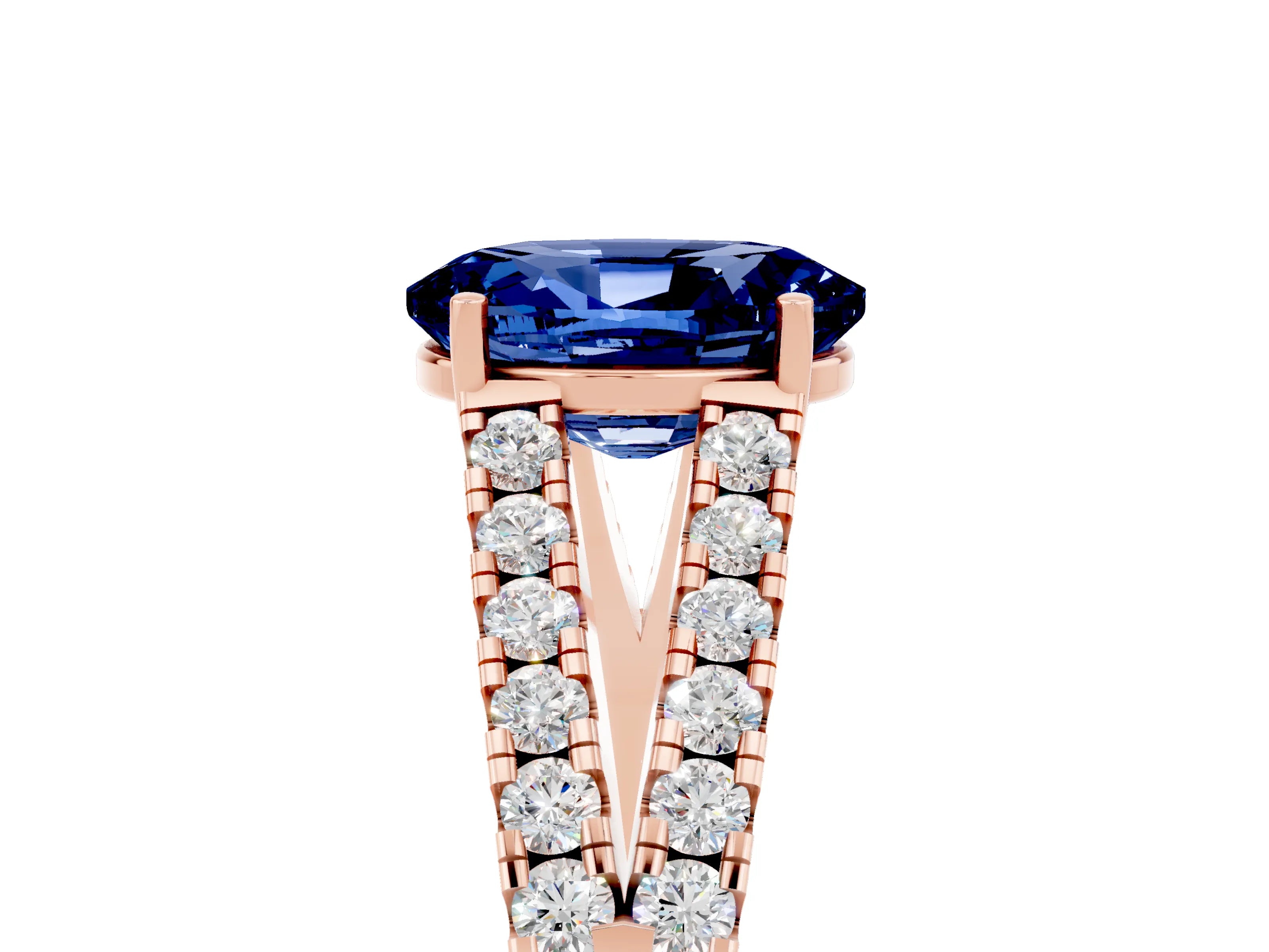 Rose gold Oval Cut Blue Sapphire Split Shank Pavé Engagement Ring with Four-Prong Setting_17