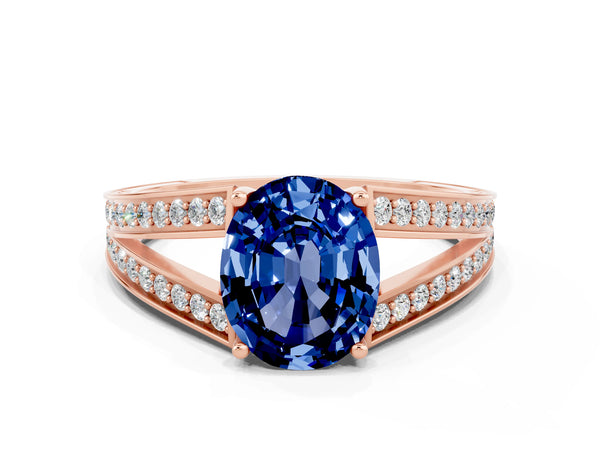Rose gold Oval Cut Blue Sapphire Split Shank Ring with Pavé Band and Four-Prong Setting