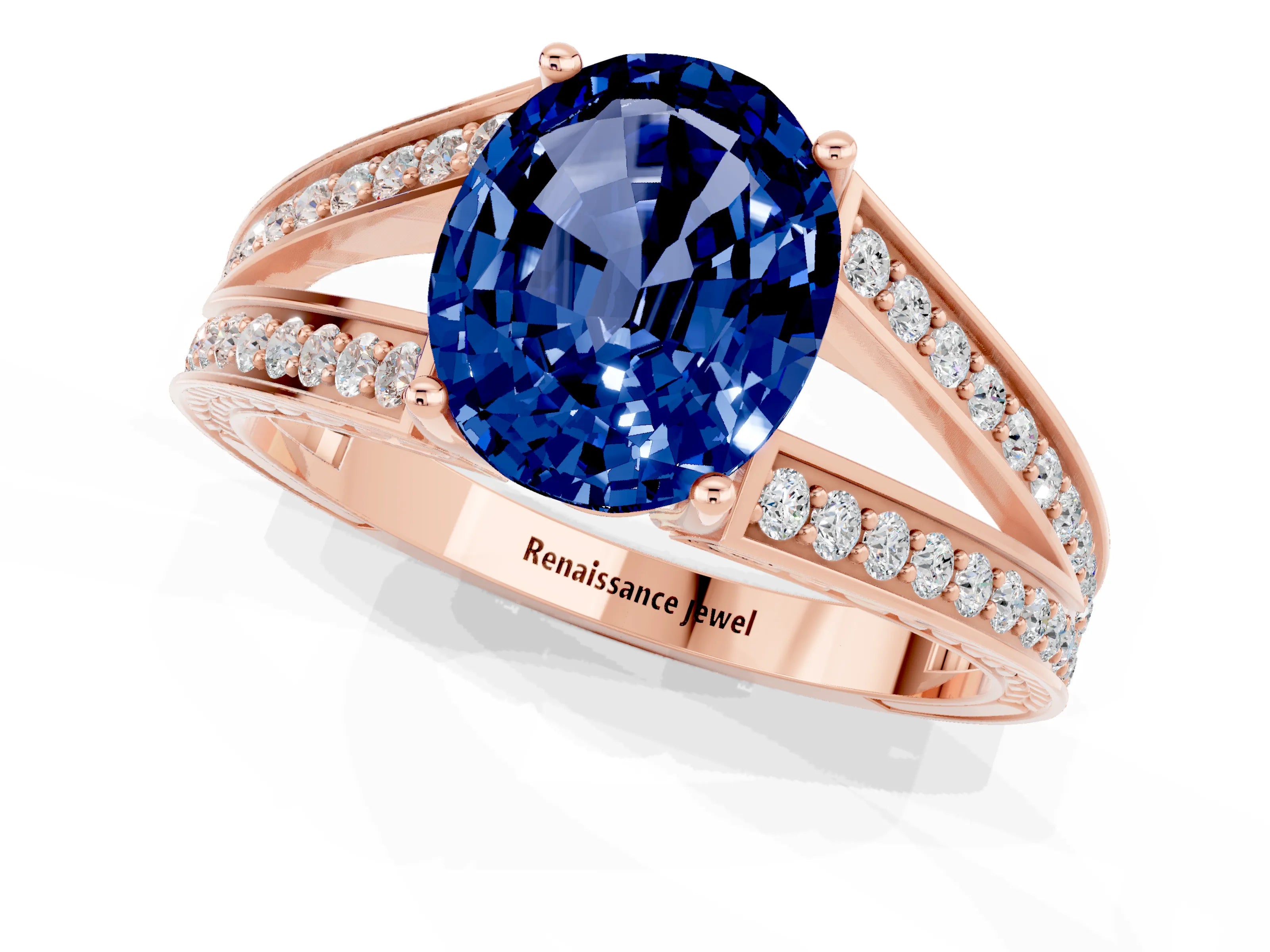 Rose gold Oval Cut Blue Sapphire Split Shank Ring with Pavé Band and Four-Prong Setting_1