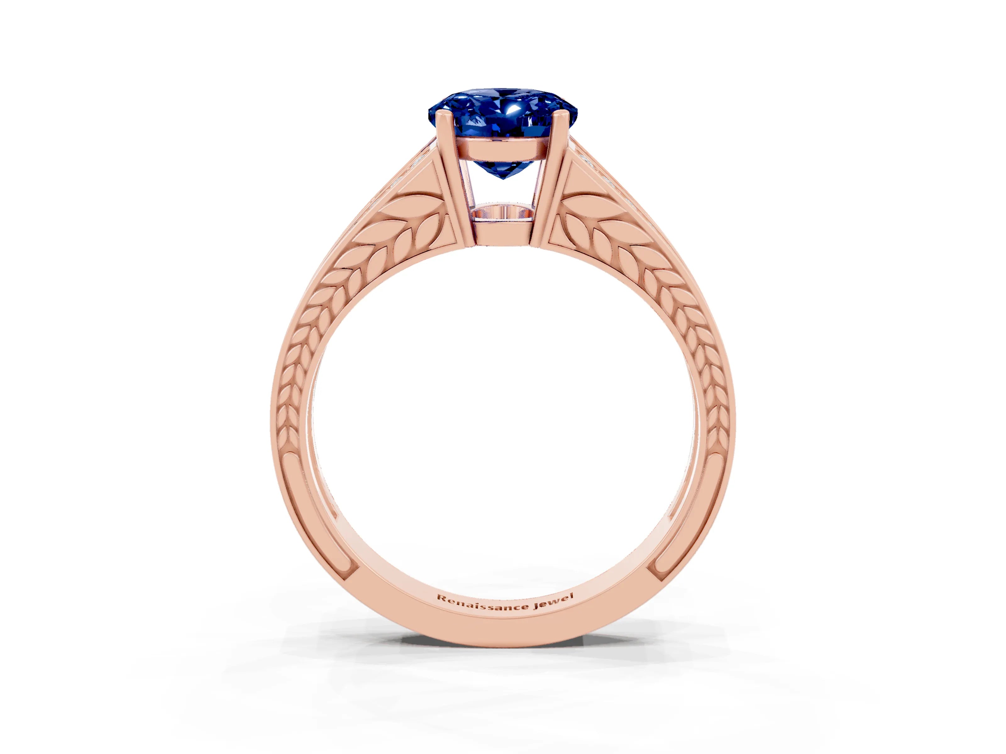 Rose gold Oval Cut Blue Sapphire Split Shank Ring with Pavé Band and Four-Prong Setting_3