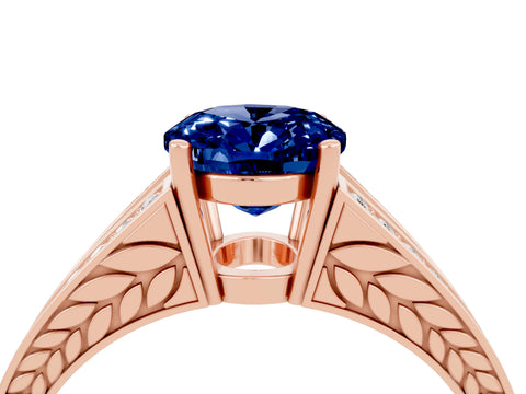 Rose gold Oval Cut Blue Sapphire Split Shank Ring with Pavé Band and Four-Prong Setting_4