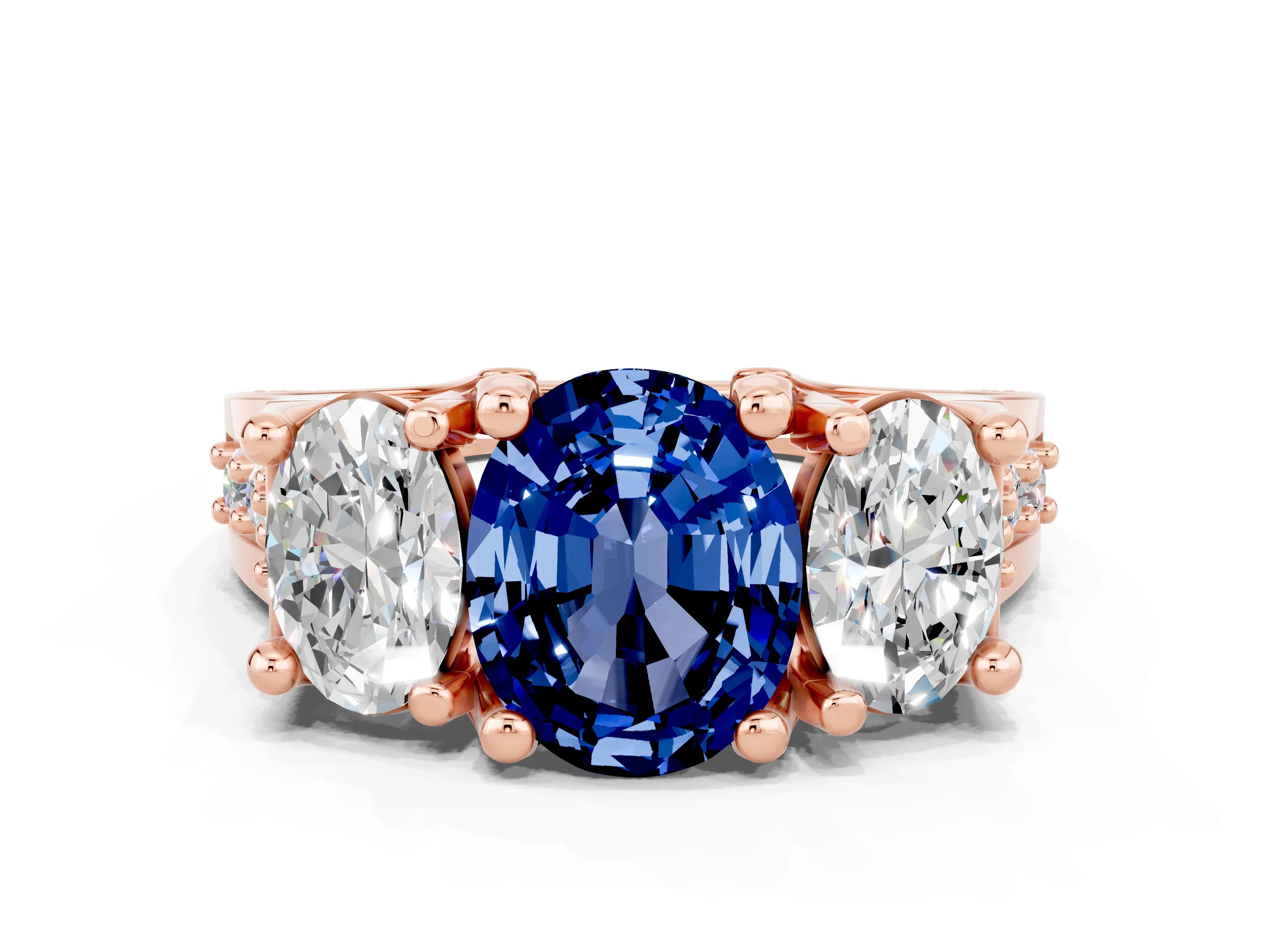 Rose gold Oval Cut Blue Sapphire Three-Stone Ring with Channel Set Band and Four-Prong Setting