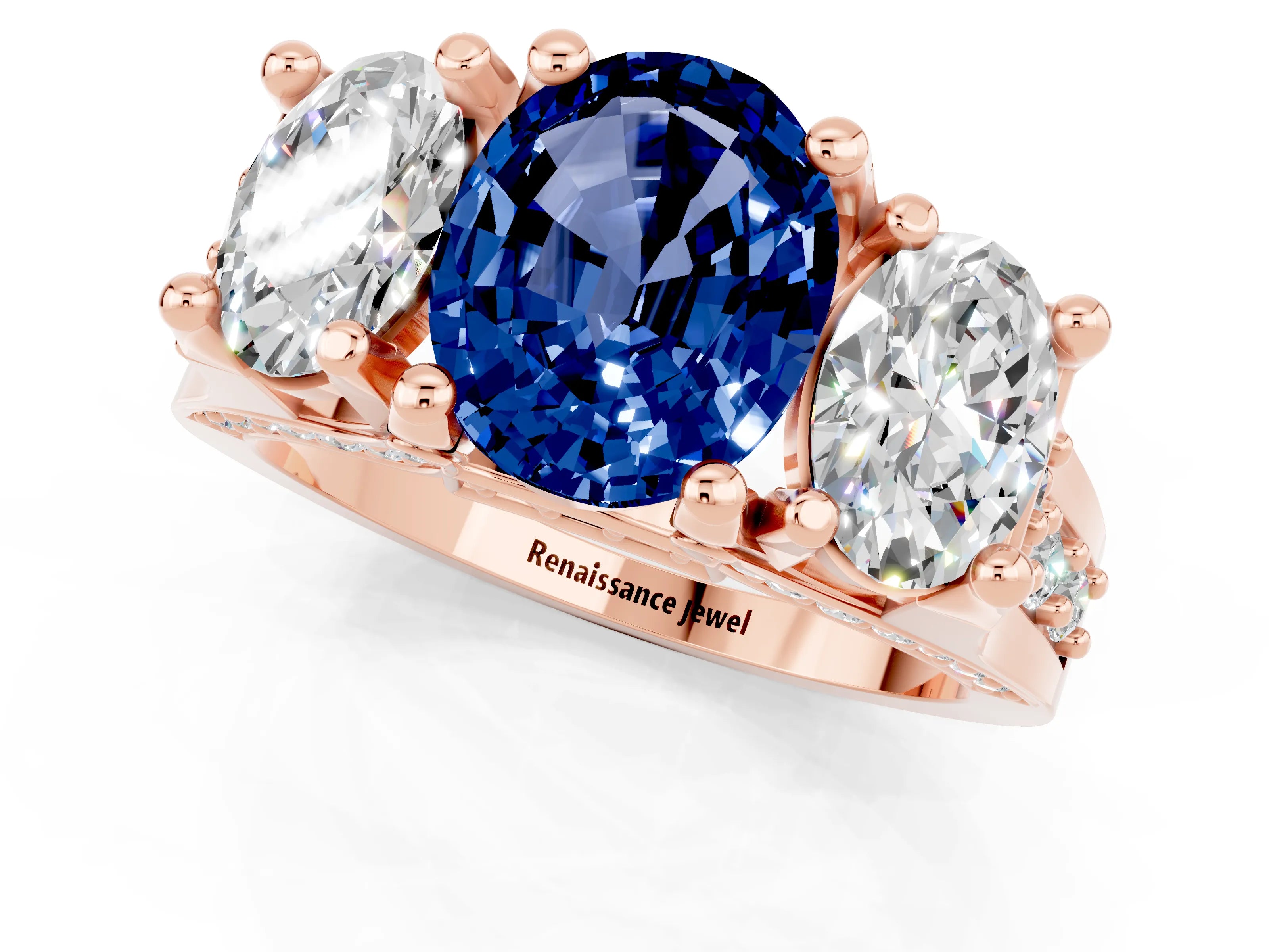 Rose gold Oval Cut Blue Sapphire Three-Stone Ring with Channel Set Band and Four-Prong Setting_1