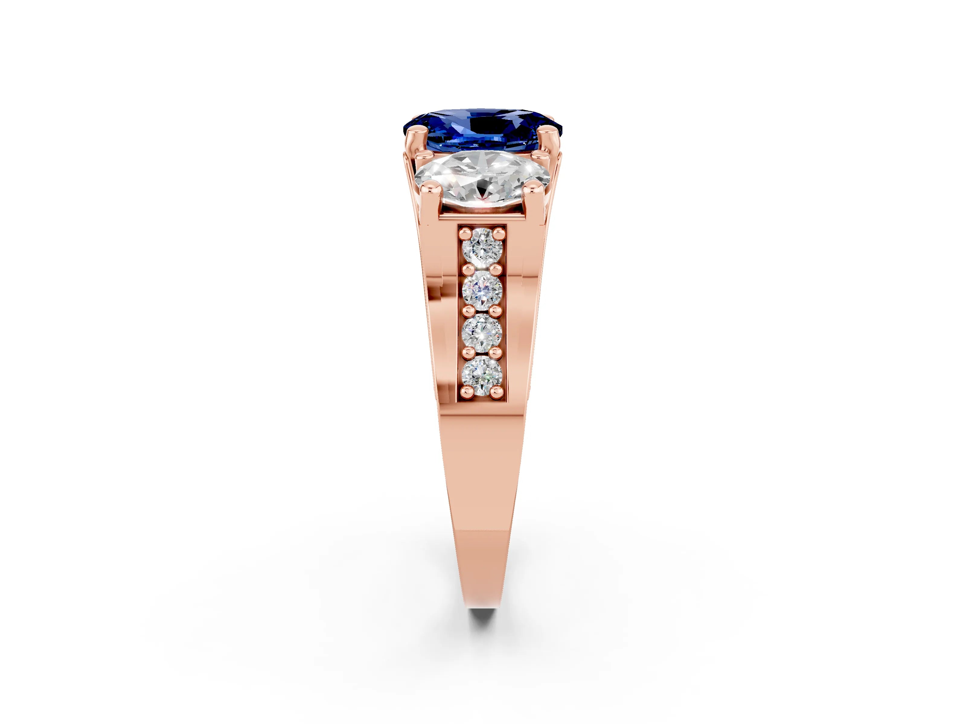 Rose gold Oval Cut Blue Sapphire Three-Stone Ring with Channel Set Band and Four-Prong Setting_2