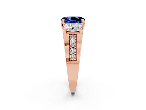 Rose gold Oval Cut Blue Sapphire Three-Stone Ring with Channel Set Band and Four-Prong Setting_2