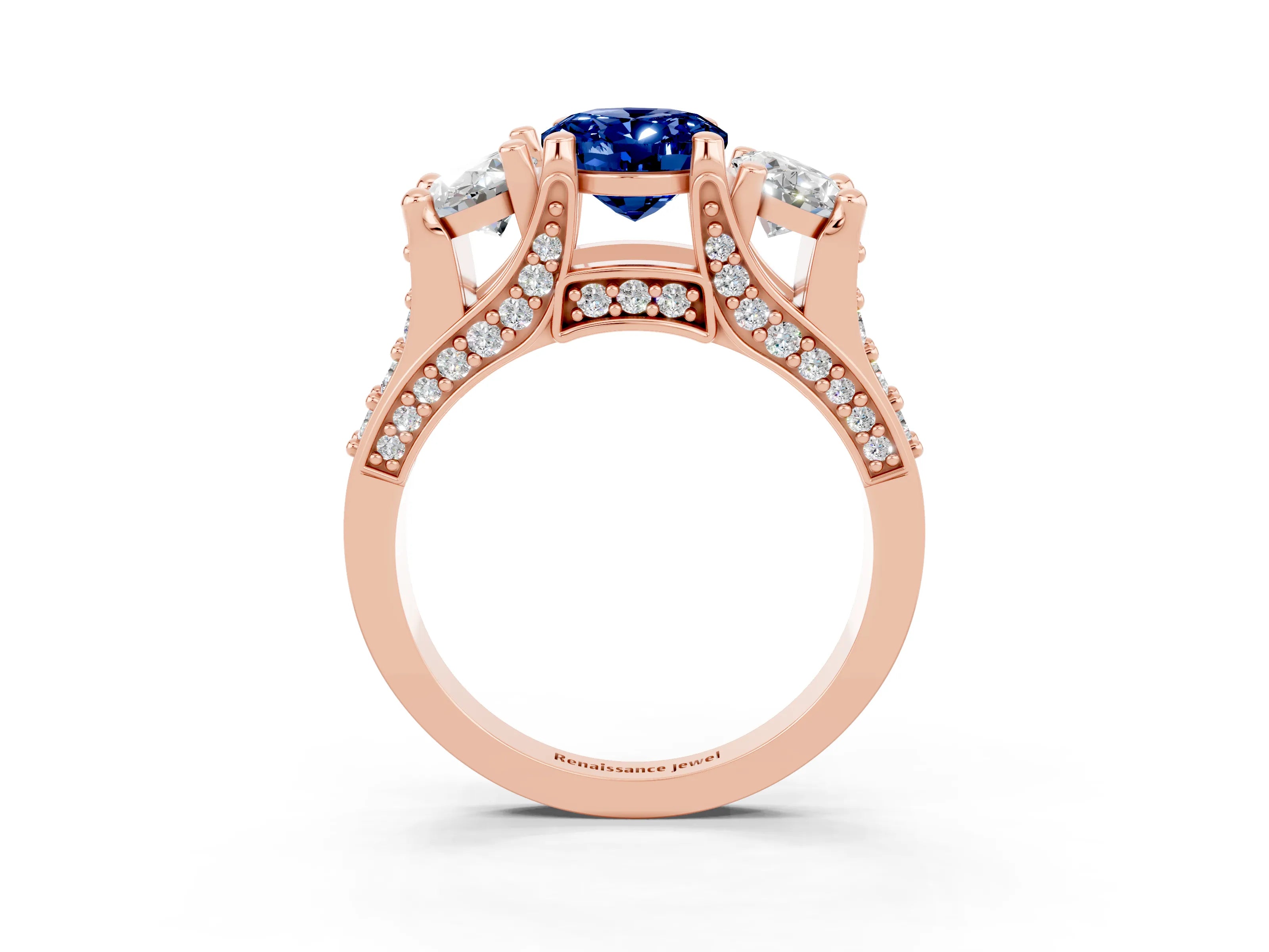 Rose gold Oval Cut Blue Sapphire Three-Stone Ring with Channel Set Band and Four-Prong Setting_3