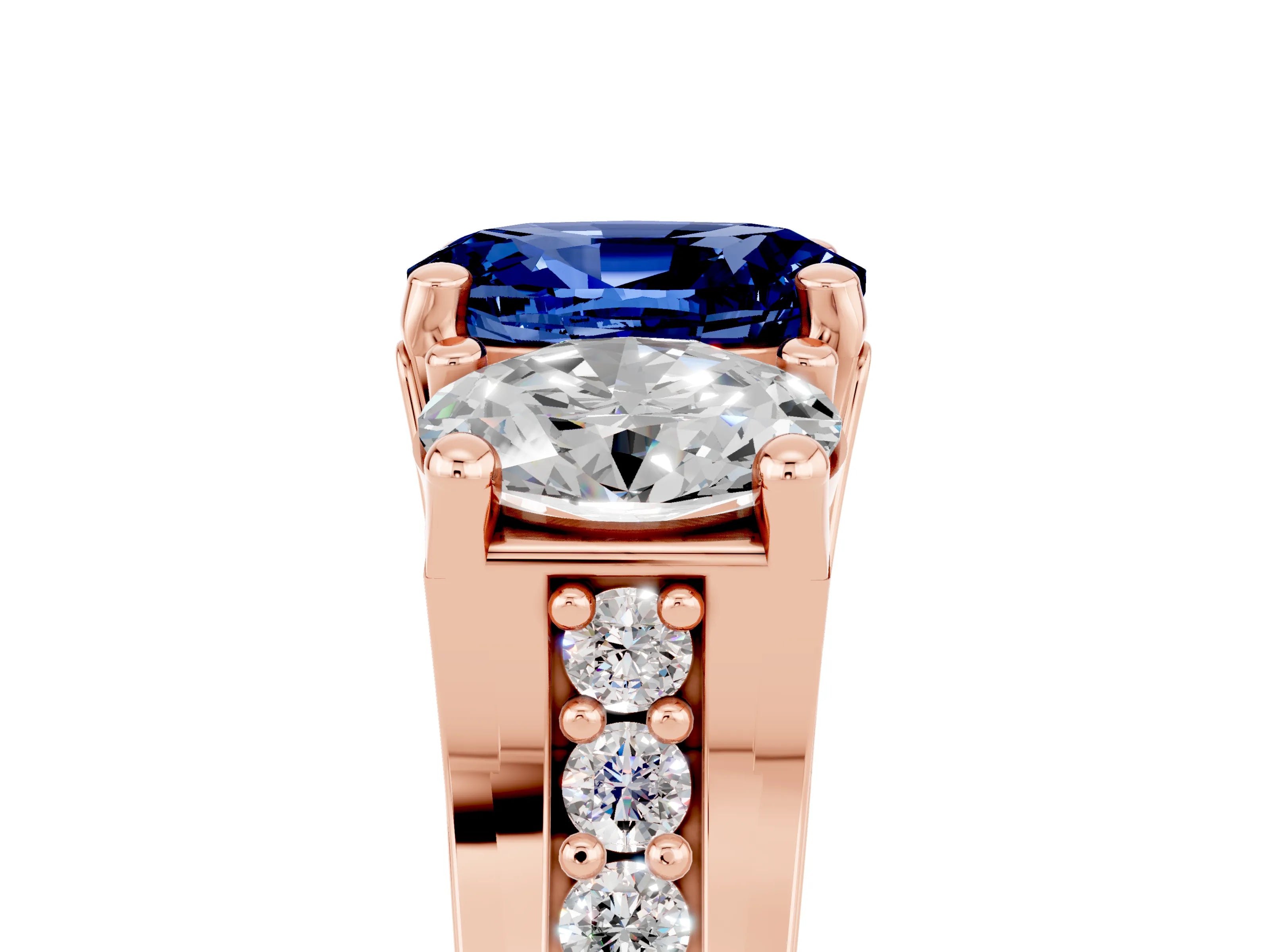 Rose gold Oval Cut Blue Sapphire Three-Stone Ring with Channel Set Band and Four-Prong Setting_5