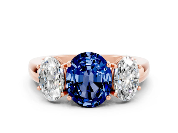 Rose gold Oval Cut Blue Sapphire Three-Stone Ring with Four-Prong Setting and Classic Band