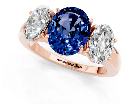 Rose gold Oval Cut Blue Sapphire Three-Stone Ring with Four-Prong Setting and Classic Band_1