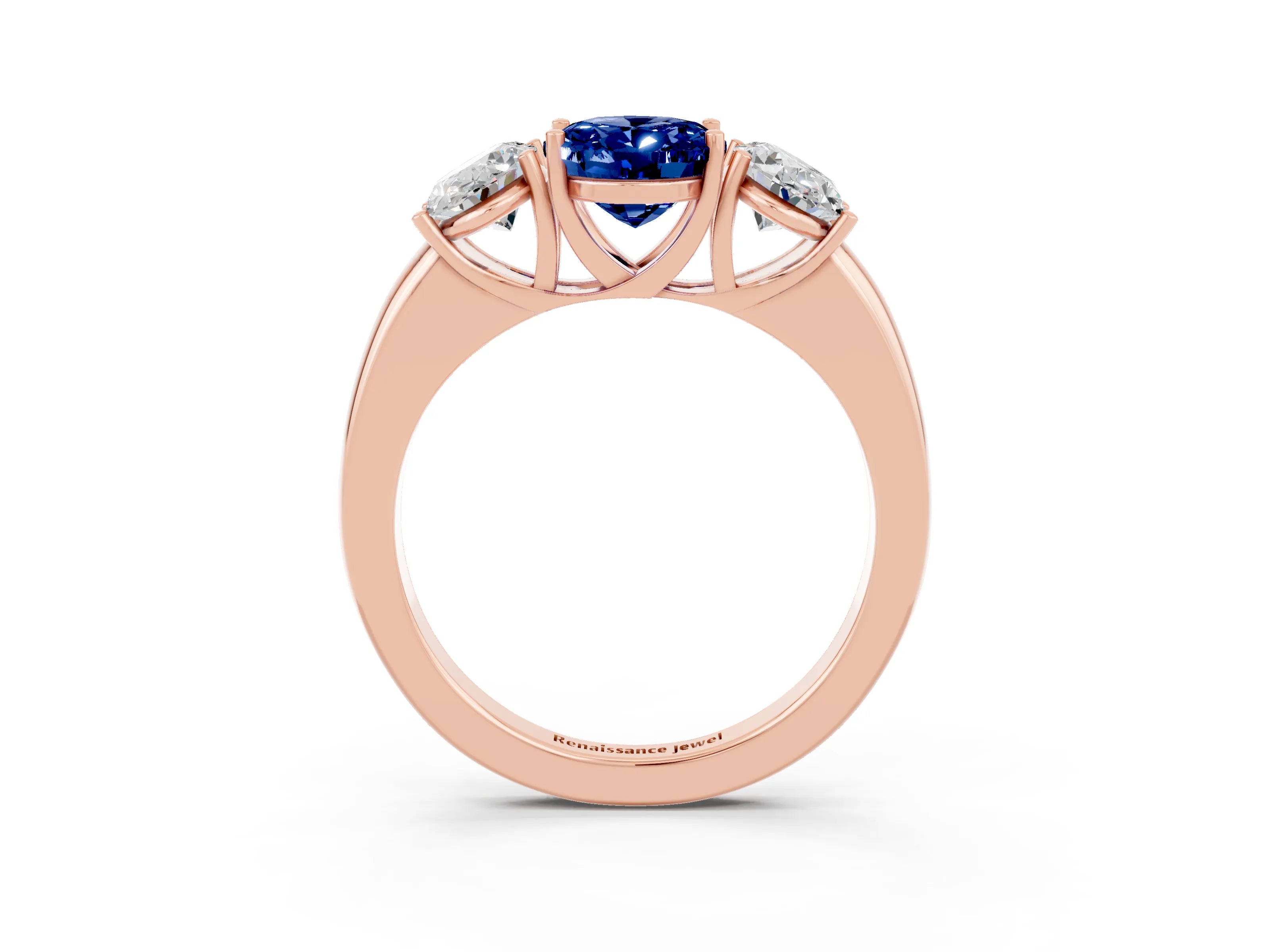 Rose gold Oval Cut Blue Sapphire Three-Stone Ring with Four-Prong Setting and Classic Band_3