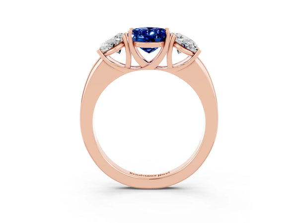 Rose gold Oval Cut Blue Sapphire Three-Stone Ring with Four-Prong Setting and Classic Band