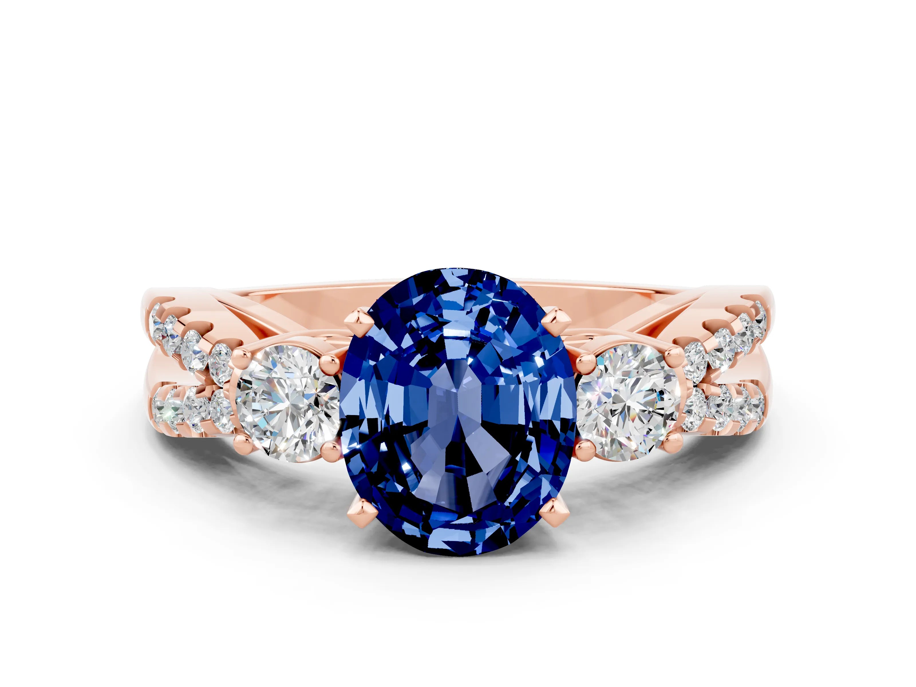 Rose gold Oval Cut Blue Sapphire Three-Stone Ring with Pavé Split Shank and Four-Prong Setting_12