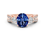Rose gold Oval Cut Blue Sapphire Three-Stone Ring with Pavé Split Shank and Four-Prong Setting_12
