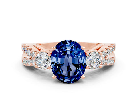Rose gold Oval Cut Blue Sapphire Three-Stone Ring with Pavé Split Shank and Four-Prong Setting_12