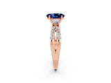 Rose gold Oval Cut Blue Sapphire Three-Stone Ring with Pavé Split Shank and Four-Prong Setting_14