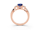 Rose gold Oval Cut Blue Sapphire Three-Stone Ring with Pavé Split Shank and Four-Prong Setting_15