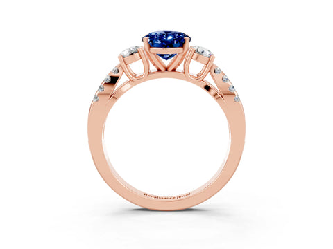 Rose gold Oval Cut Blue Sapphire Three-Stone Ring with Pavé Split Shank and Four-Prong Setting_15