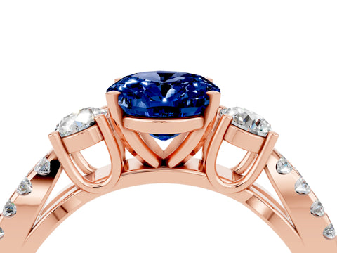 Rose gold Oval Cut Blue Sapphire Three-Stone Ring with Pavé Split Shank and Four-Prong Setting_16