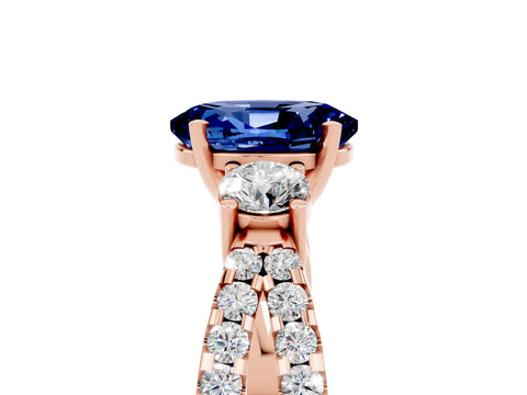 Rose gold Oval Cut Blue Sapphire Three-Stone Ring with Pavé Split Shank and Four-Prong Setting_17