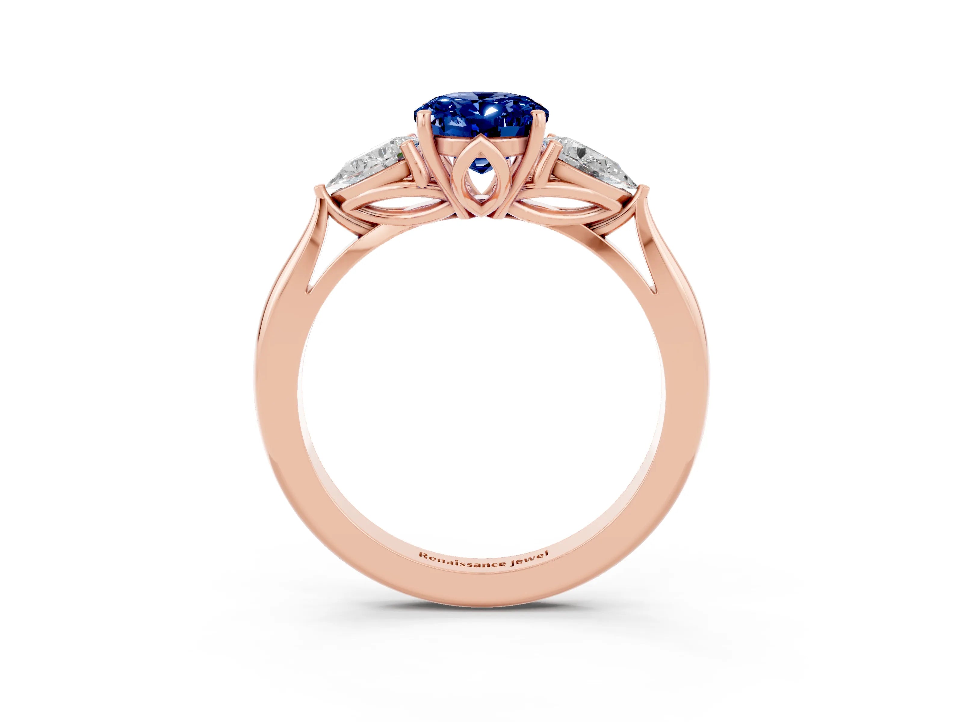 Rose gold Oval Cut Blue Sapphire Three-Stone Ring with Pear Side Stones and Four-Prong Setting_15