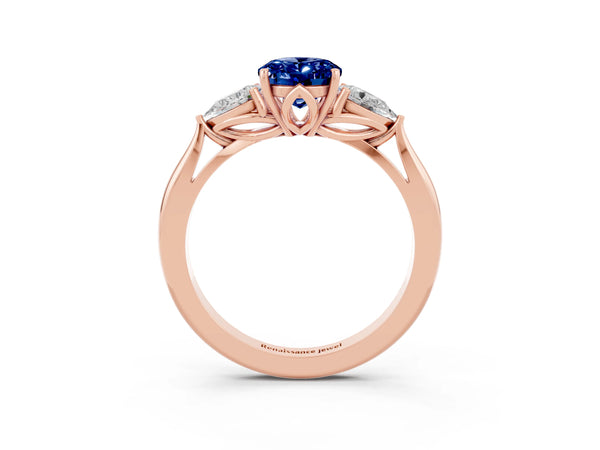Rose gold Oval Cut Blue Sapphire Three-Stone Ring with Pear  Side Stones and Prong Setting