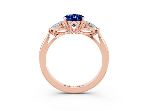 Rose gold Oval Cut Blue Sapphire Three-Stone Ring with Pear Side Stones and Four-Prong Setting_15