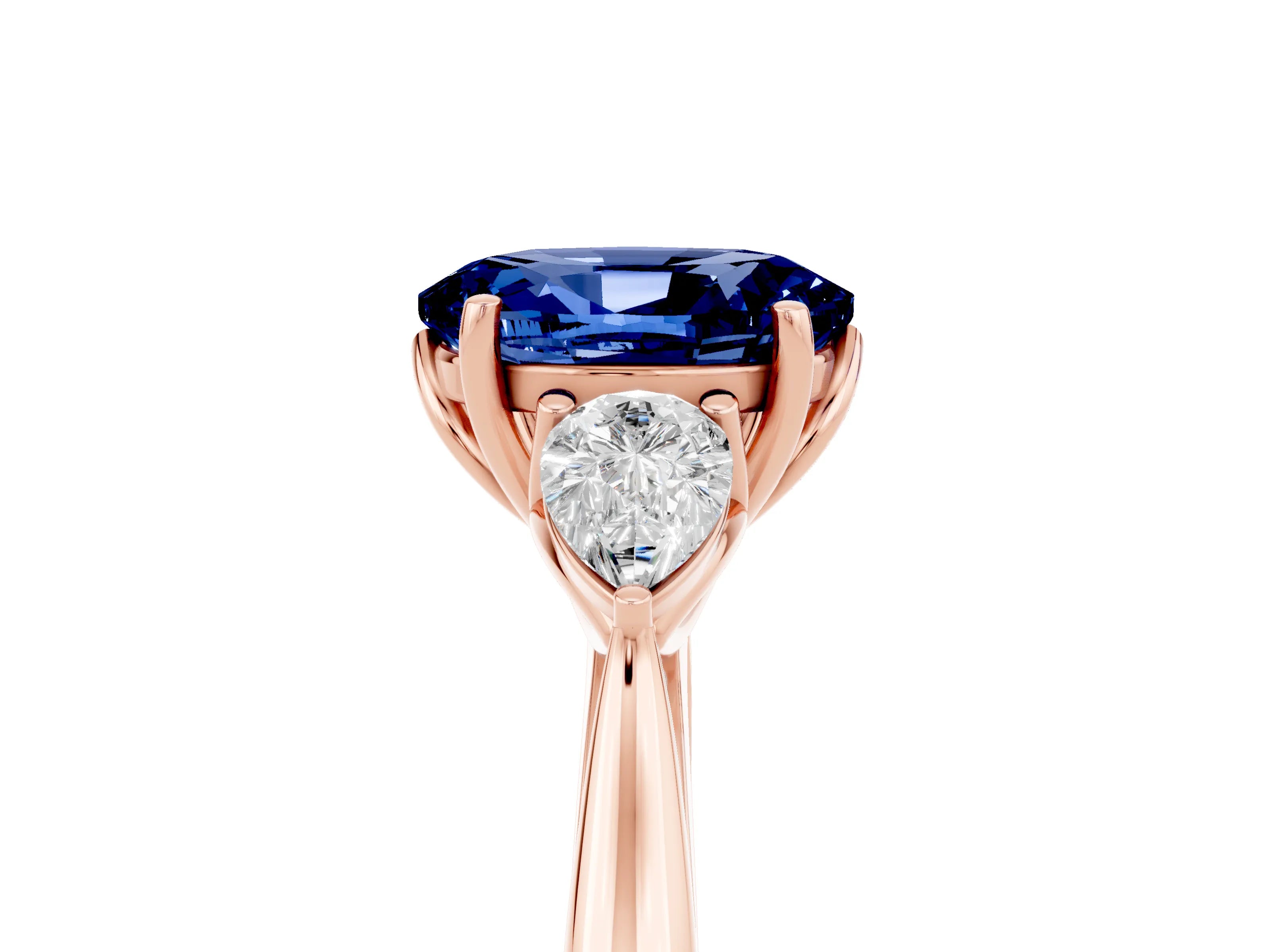 Rose gold Oval Cut Blue Sapphire Three-Stone Ring with Pear Side Stones and Four-Prong Setting_17
