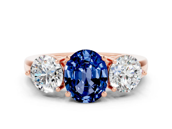 Rose gold Oval Cut Blue Sapphire Three-Stone Ring with Prong Setting and Classic Band