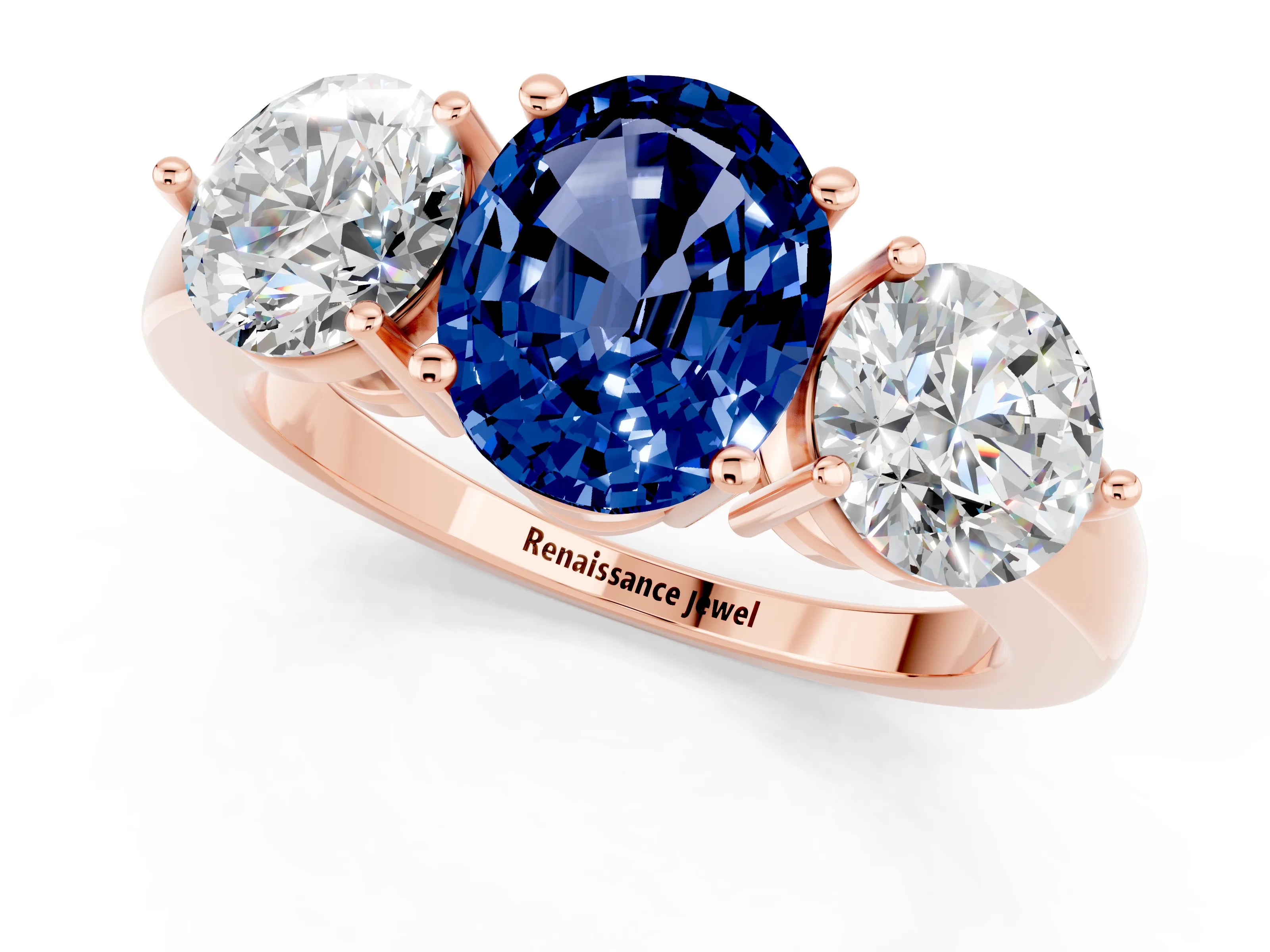 Rose gold Oval Cut Blue Sapphire Three-Stone Ring with Prong Setting and Classic Band_1