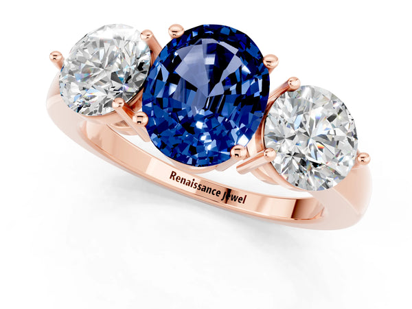 Rose gold Oval Cut Blue Sapphire Three-Stone Ring with Prong Setting and Classic Band