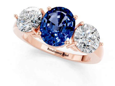Rose gold Oval Cut Blue Sapphire Three-Stone Ring with Prong Setting and Classic Band_1