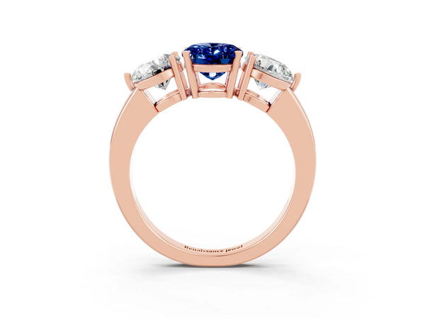 Rose gold Oval Cut Blue Sapphire Three-Stone Ring with Prong Setting and Classic Band