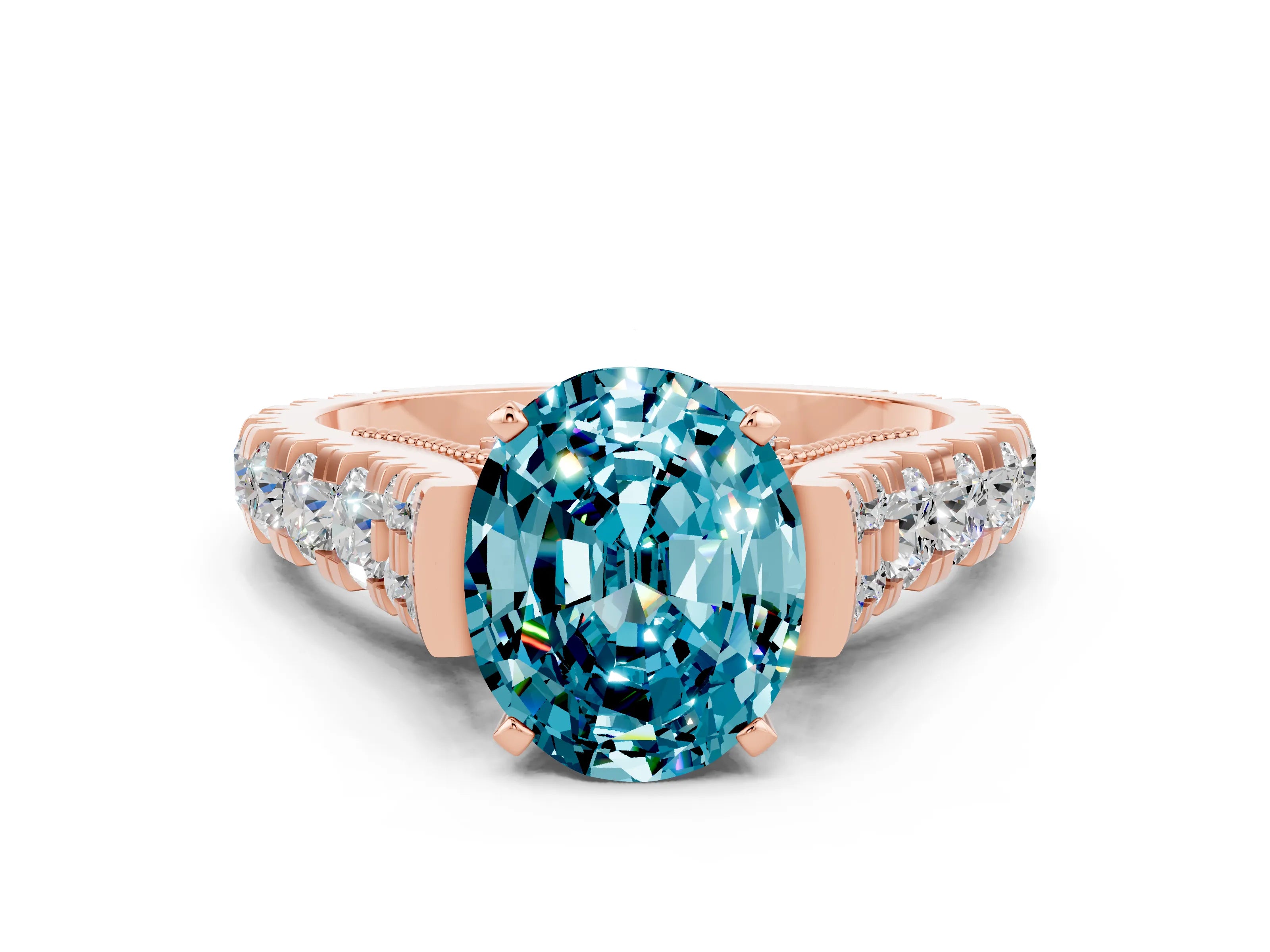Rose gold Oval Cut Blue Topaz Classic Solitaire Ring with Pavé Band and Four-Prong Setting