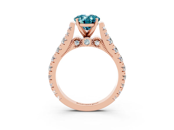 Rose gold Oval Cut Blue Topaz Classic Solitaire Ring with Pavé Band and Four-Prong Setting